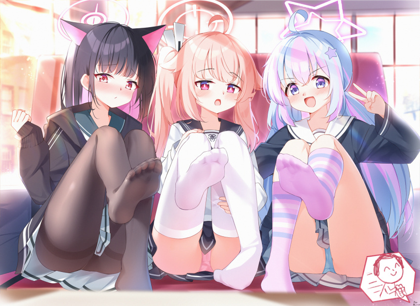 3girls ahoge animal_ears barefoot black_hair black_hoodie black_pantyhose blue_archive blue_hair blue_panties blush brown_hair cat_ears doodle_sensei_(blue_archive) feet foot_focus hair_ears halo hood hoodie indoors kazusa_(blue_archive) knees_up long_hair long_sleeves multicolored_hair multiple_girls natsu_(blue_archive) no_shoes painter-lhb panties pantyhose pink_eyes pink_hair pink_panties pink_socks pleated_skirt presenting_foot purple_eyes red_eyes reisa_(blue_archive) sailor_collar sensei_(blue_archive) short_hair side_ponytail sidelocks sitting skirt socks soles spoken_character striped_clothes striped_socks thighband_pantyhose thighhighs toes twintails underwear very_long_hair white_thighhighs