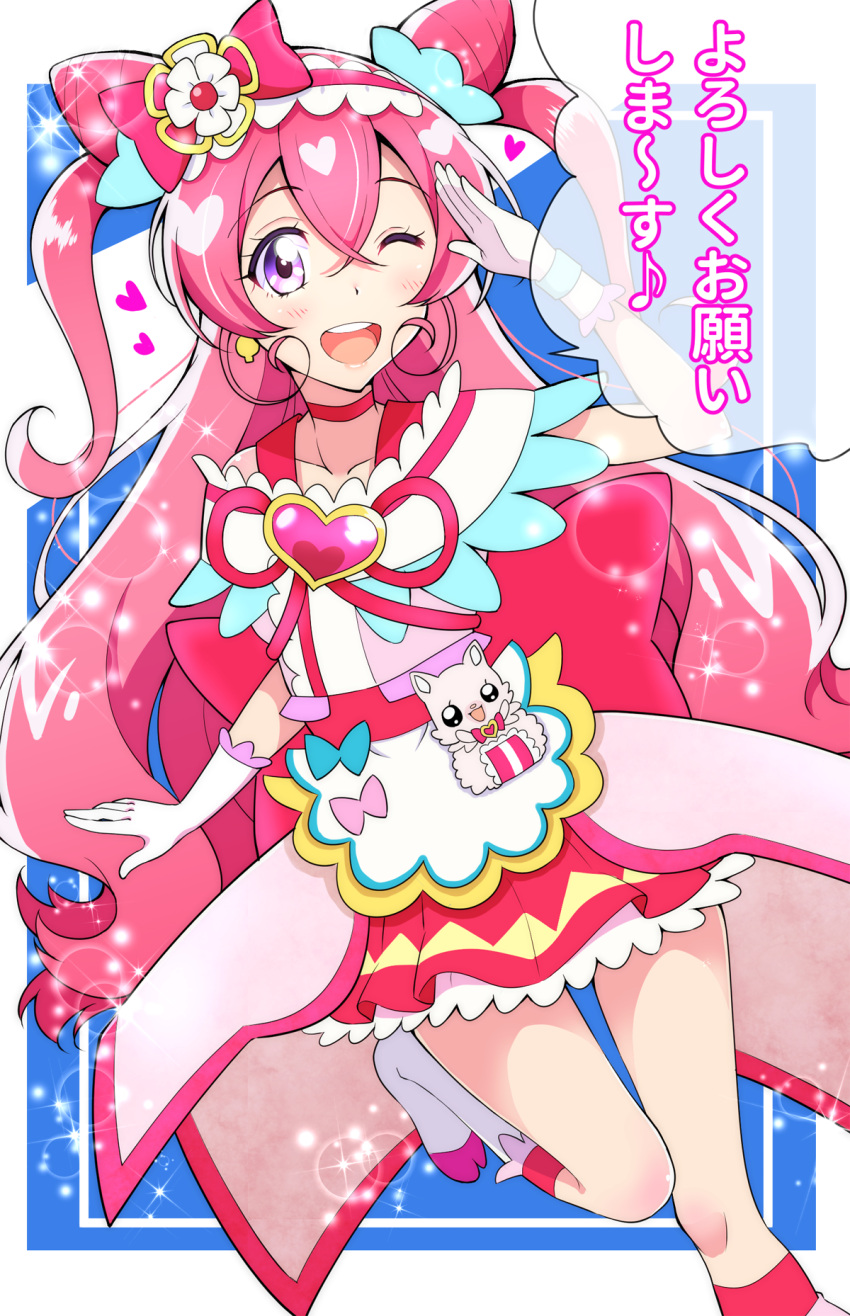 1girl boots bow brooch choker commentary cone_hair_bun cure_precious delicious_party_precure double_bun dress earrings frilled_hairband frills gloves hair_bow hair_bun hairband half-dress heart heart_brooch highres jewelry kaatsu_katsurou knee_boots kome-kome_(precure) leg_up long_hair looking_at_viewer magical_girl miniskirt nagomi_yui neck_ribbon one_eye_closed open_mouth pink_dress pink_hair pleated_skirt precure purple_eyes red_bow red_choker red_hairband red_ribbon red_skirt ribbon salute skirt smile solo sparkle standing standing_on_one_leg translated two_side_up very_long_hair white_footwear white_gloves