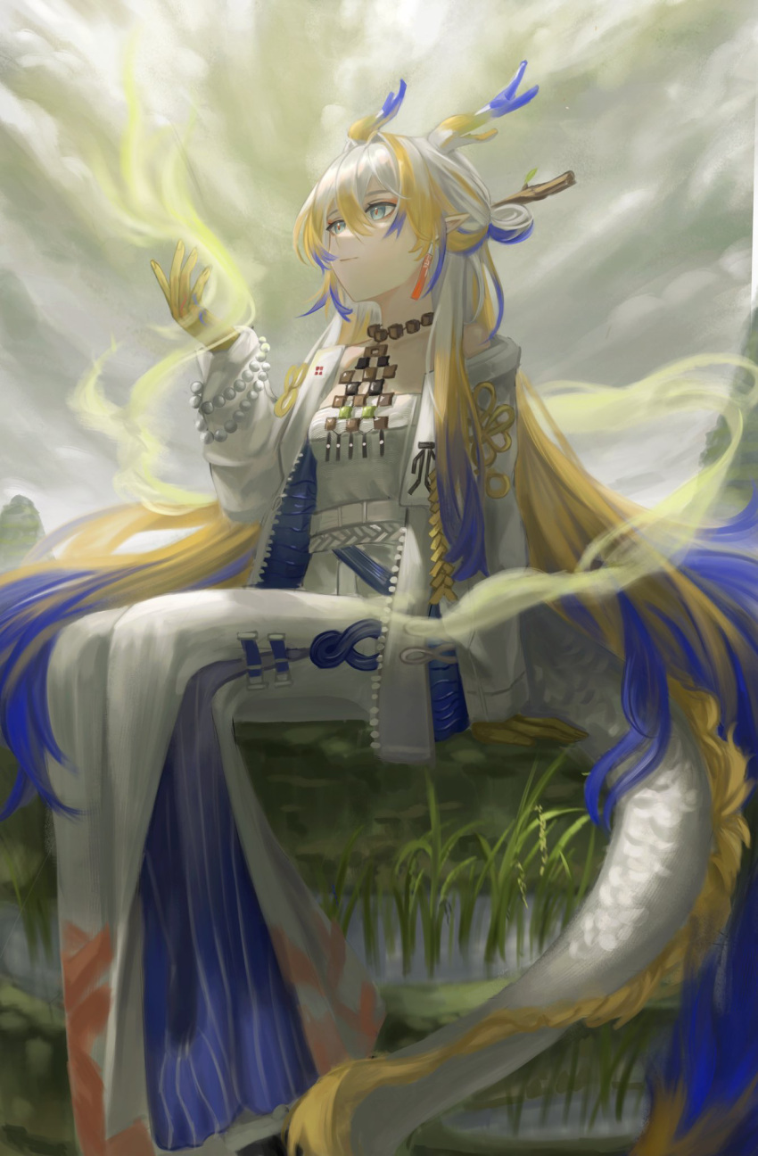 1girl aqua_eyes arknights bare_shoulders beads belt blonde_hair blue_hair blue_horns closed_mouth ditio_(ta243401) dragon_girl dragon_horns dragon_tail earrings feet_out_of_frame grass hair_between_eyes hand_up highres horns jacket jewelry long_sleeves looking_up magic necklace off_shoulder open_clothes open_jacket outdoors overcast pants plant pointy_ears shu_(arknights) sitting sky solo tail white_belt white_hair white_horns white_jacket white_pants white_tail yellow_horns yellow_tail