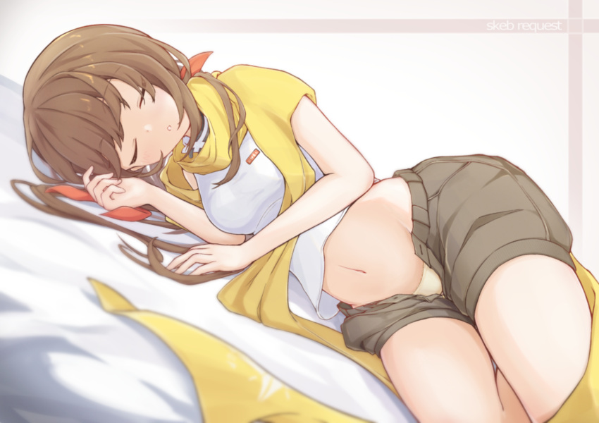 1girl breasts brown_hair closed_eyes contrail_mk1 falcon_(girls'_frontline) girls'_frontline girls'_frontline_neural_cloud highres lying medium_breasts navel on_side open_pants panties pants scarf shirt sleeping sockdolager_(neural_cloud) solo underwear white_shirt yellow_panties yellow_scarf