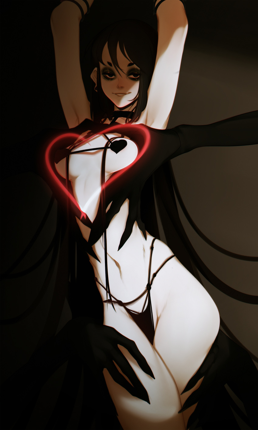 1girl absurdres arms_up black_bra black_choker black_eyes black_eyeshadow black_hair black_panties bra breasts choker disembodied_limb eyeshadow feet_out_of_frame half-closed_eyes heart heart_pasties highres horror_(theme) host_(obj_shep) long_hair looking_at_viewer makeup navel non-web_source obj_shep original pale_skin panties pasties simple_background skinny small_breasts solo standing straight_hair underwear very_long_hair