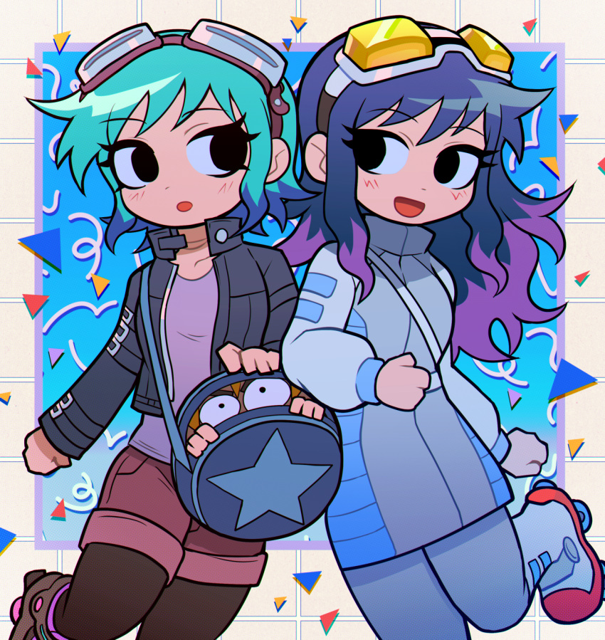 2girls aqua_hair bag black_eyes blue_hair blush dual_persona g_tsurius goggles goggles_on_head highres in_bag in_container jacket long_hair long_sleeves looking_at_another multicolored_hair multiple_girls open_mouth pantyhose purple_hair ramona_flowers roller_skates scott_pilgrim scott_pilgrim_(series) scott_pilgrim_takes_off short_hair shorts skates smile two-tone_hair