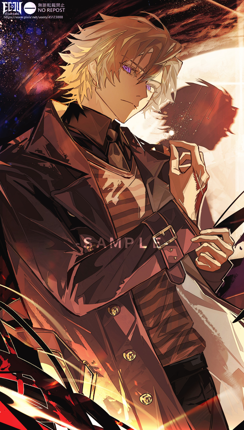 1boy absurdres black_coat black_jacket black_shirt blonde_hair buttons coat collared_shirt command_spell daybit_sem_void eeju fate/grand_order fate_(series) hair_between_eyes highres jacket long_sleeves male_focus necktie open_clothes open_jacket pants purple_eyes shirt short_hair trench_coat