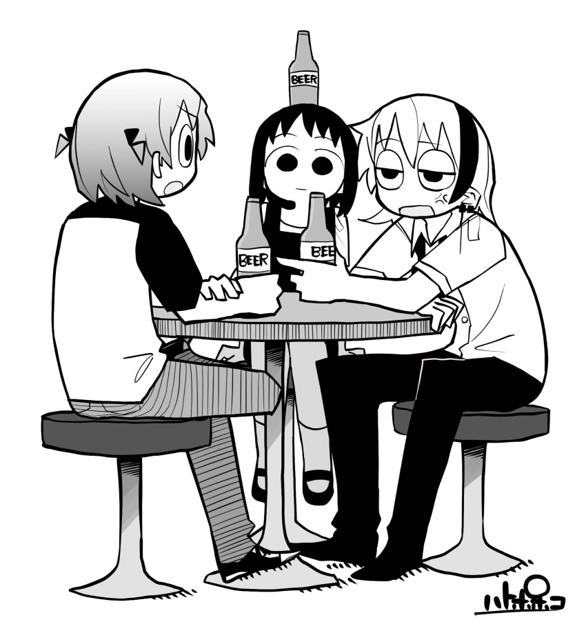 3girls :| anger_vein annoyed beer_bottle bottle bottle_on_head closed_mouth collared_shirt commentary_request commission denim dress ear_piercing figure_four_sitting full_body greyscale half-closed_eyes hanagata_akiko hanako_(punk_teen) hatopopoko highres hiromi_(punk_teen) holding holding_bottle jeans looking_at_another monochrome multicolored_hair multiple_girls neck_ribbon on_stool open_mouth pants piercing pinafore_dress profile punk_teenage_girl_death_rock_'n'_roll_heaven raglan_sleeves ribbon shirt shoes short_hair short_sleeves signature sitting skeb_commission sleeveless sleeveless_dress streaked_hair two_side_up undone_neck_ribbon wide-eyed