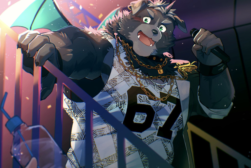 1boy amduscias_(housamo) animal_collar animal_ear_piercing bara black_fur black_wristband bottle chain_necklace collar demon_wings epaulettes facial_mark hand_on_railing highres holding holding_bottle holding_microphone jewelry lapels lock male_focus microphone muscular muscular_male necklace number_print out_of_frame padlock sawch_cls shirt single_epaulette sleeveless sleeveless_shirt solo_focus stage_lights thick_eyebrows tokyo_afterschool_summoners two-tone_fur upper_body wings