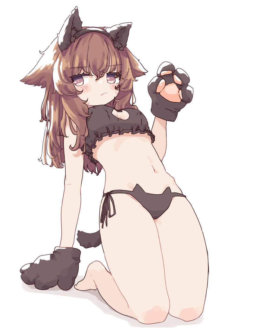 1girl absurdres animal_ears animal_hands aoi_tori averting_eyes bare_legs barefoot blush blush_stickers bra breasts brown_bra brown_eyes brown_hair brown_panties cat_cutout cat_ear_panties cat_lingerie cleavage_cutout closed_mouth clothing_cutout commentary fake_animal_ears gloves hand_on_ground hand_up highres kneeling leaning_back long_hair meme_attire navel original panties paw_gloves side-tie_panties sidelocks simple_background solo stomach tail underwear underwear_only white_background