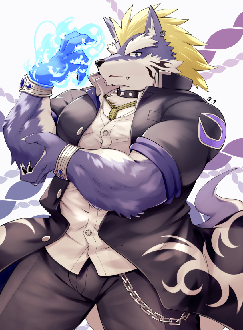 1boy animal_ear_fluff animal_ears bara black_coat black_pants blonde_hair blue_eyes blue_fur bracelet chain coat collar cowboy_shot dated earrings fang fenrir_(housamo) furry furry_male gakuran highres hoop_earrings huge_eyebrows jewelry kinoshita_jiroh looking_at_viewer male_focus muscular muscular_male pants school_uniform shibari shibari_under_clothes shirt short_sleeves solo spiked_collar spikes tail tokyo_afterschool_summoners two-tone_fur white_fur white_shirt wolf_boy wolf_ears wolf_tail