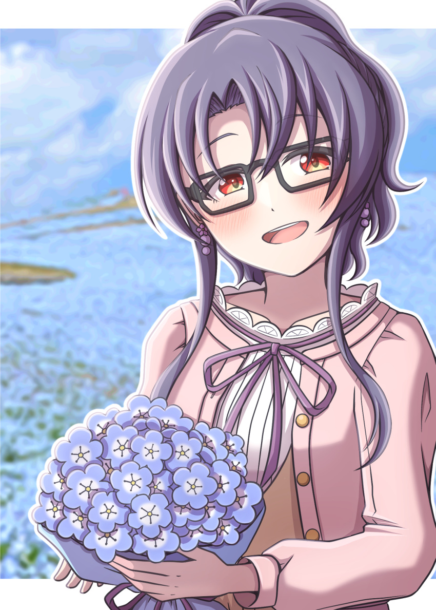 1girl :d black-framed_eyewear black_hair blue_flower blurry blurry_background blush bouquet brown_vest collarbone curtained_hair earrings field flower flower_earrings flower_field ganbarai glasses highres holding holding_bouquet idolmaster idolmaster_million_live! idolmaster_million_live!_theater_days jewelry lace-trimmed_shirt lace_trim letterboxed looking_at_viewer medium_hair open_mouth outline outside_border pink_shirt rectangular_eyewear red_eyes shirt sidelocks smile solo takayama_sayoko teeth upper_body upper_teeth_only vest white_outline white_shirt