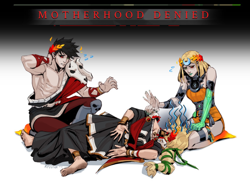 1boy 2girls ancient_greek_clothes barefoot black_dress black_hair black_sclera blonde_hair colored_sclera dress english_text family family_guy family_guy_death_pose_(meme) flying_sweatdrops grace_kim_(ryuuna) greco-roman_clothes green_eyes green_lips hades_(series) hades_1 hades_2 heterochromia highres laurel_crown lying melinoe_(hades) meme mismatched_sclera mother_and_daughter mother_and_son multiple_girls on_side orange_dress persephone_(hades) red_eyes single_bare_shoulder skull zagreus_(hades)