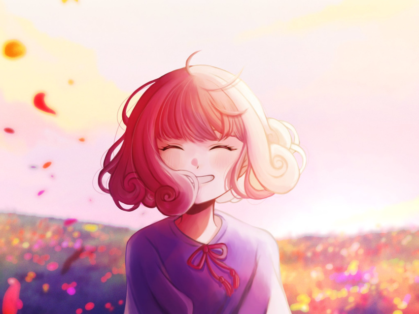 1girl ^_^ ahoge blurry blurry_background closed_eyes commentary_request facing_viewer highres lou_(shadows_house) neck_ribbon outdoors peru_(do_pperu_genga) petals red_hair red_ribbon ribbon shadows_house short_hair sidelighting smile solo upper_body wind