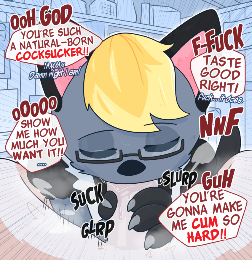 animal_crossing blonde_hair clothing cranston_(animal_crossing) crushpepper english_text eyewear fellatio fellatio_pov glasses hair hi_res maid_uniform male male/male nintendo oral penile profanity raymond_(animal_crossing) sex speech_bubble tagme text uniform