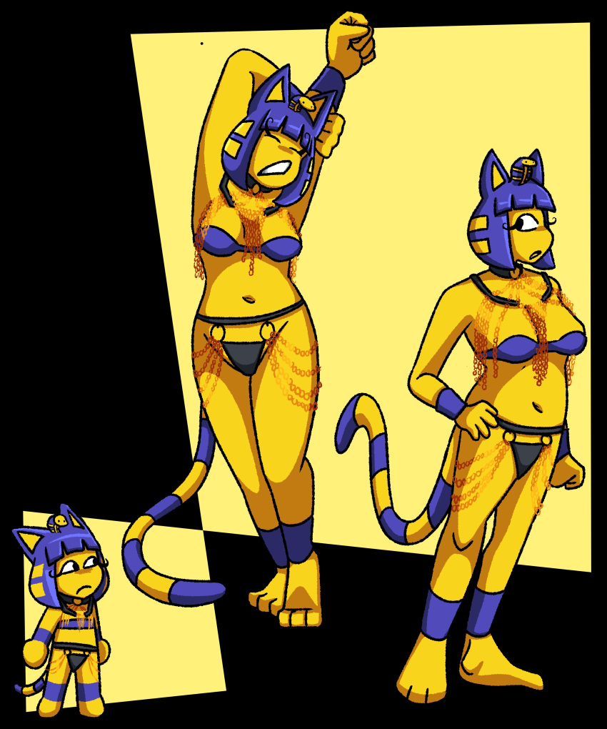 abstract_background absurd_res animal_crossing ankha_(animal_crossing) anthro black_clothing black_panties black_underwear blue_bra blue_clothing blue_ears blue_hair blue_underwear bra chain chibi choker clothing deerkid domestic_cat egyptian egyptian_clothing egyptian_headdress eyelashes felid feline felis female fur gold_(metal) gold_chain hair hand_on_hip hi_res jewelry mammal markings navel necklace nintendo open_mouth panties ring_(marking) ringed_tail short_hair solo stretching striped_markings striped_tail stripes tail tail_markings underwear yawn yellow_body yellow_fur yellow_inner_ear