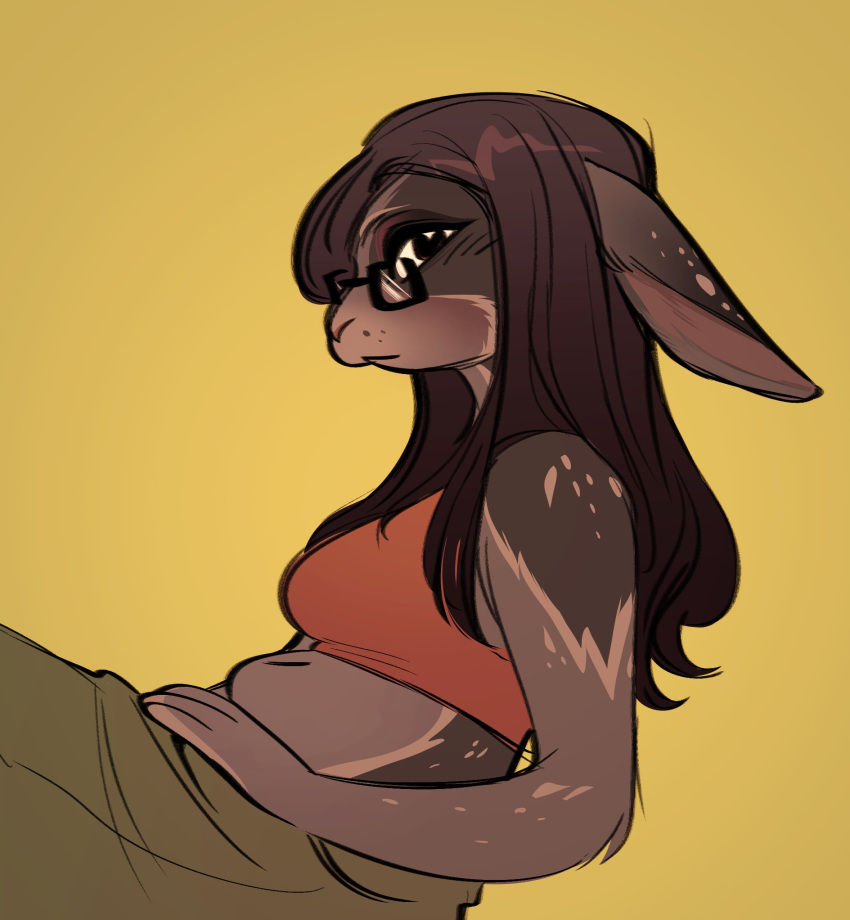 2024 anthro biped brown_body brown_fur brown_hair digital_media_(artwork) eyewear fur glacierclear glasses hair hi_res lagomorph leporid long_hair looking_at_viewer mammal multicolored_body multicolored_fur rabbit simple_background solo yellow_background