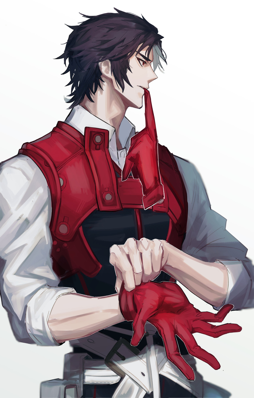 1boy absurdres belt belt_pouch black_hair black_vest collared_shirt fate/grand_order fate_(series) glove_in_mouth gloves harness haruakira highres hijikata_toshizou_(fate) long_sleeves looking_to_the_side mouth_hold pouch putting_on_gloves red_eyes red_gloves shirt short_hair single_glove vest white_belt white_shirt