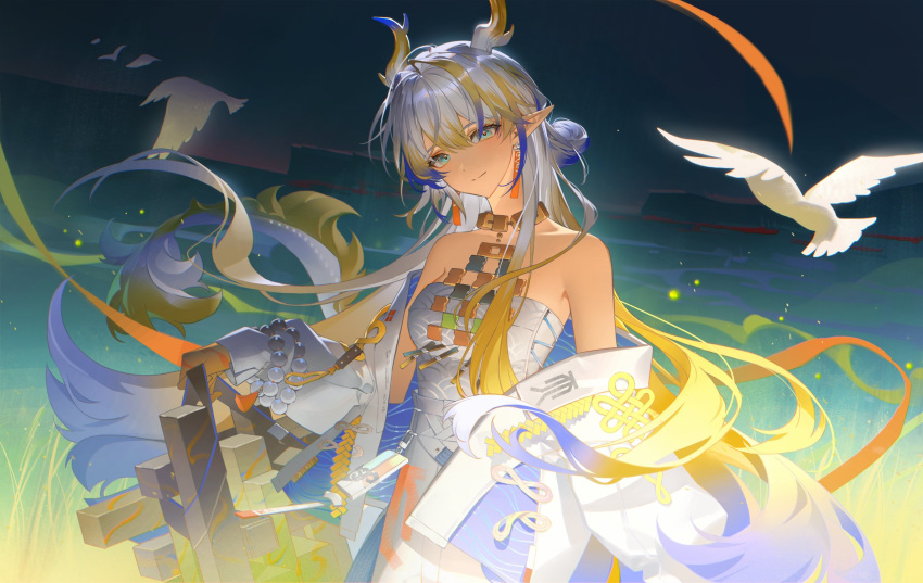 1girl aqua_eyes arknights bare_shoulders beads belt bird blonde_hair blue_hair blue_horns closed_mouth cowboy_shot dragon_girl dragon_horns earrings floating_hair hair_between_eyes head_tilt highres horns jacket jewelry light_particles long_hair long_sleeves magic multicolored_hair necklace off_shoulder open_clothes open_jacket pointy_ears shu_(arknights) smile solo standing strapless tube_top white_belt white_bird white_hair white_horns white_jacket white_tube_top yellow_horns zzom_b