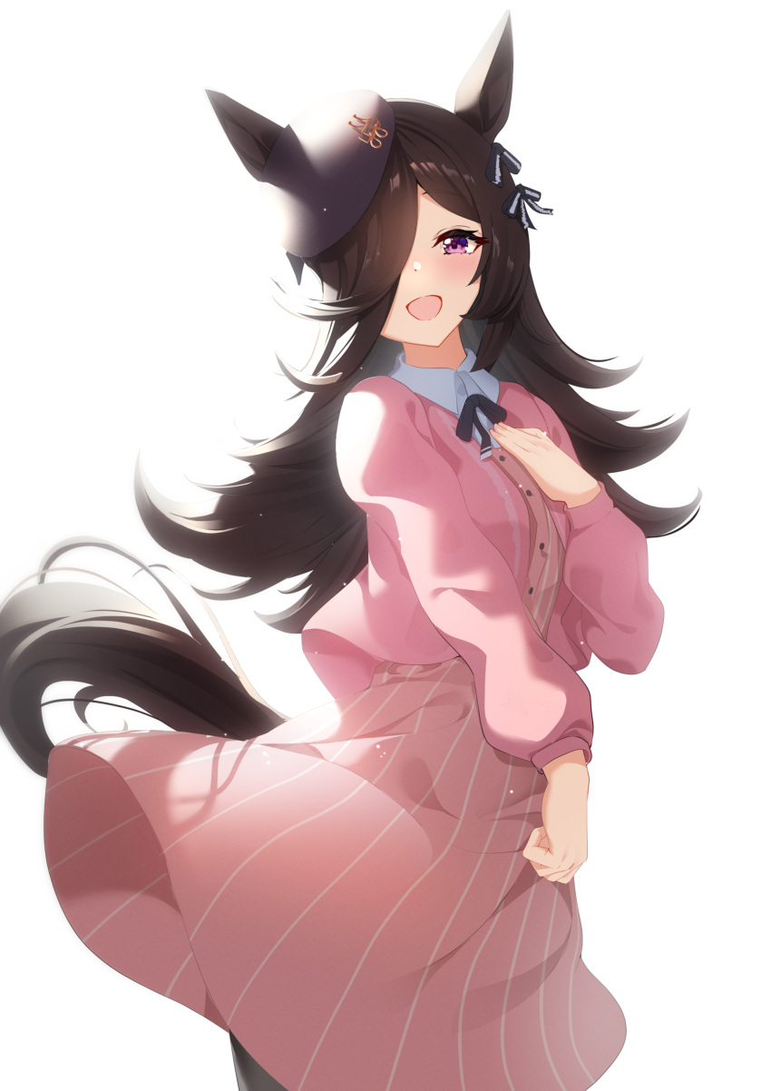 1girl :d absurdres animal_ears black_ribbon bloom blush brown_hair brown_tail buttons cardigan clip_studio_paint_(medium) commentary_request cowboy_shot dress ear_ribbon hair_over_one_eye hand_on_own_chest highres horse_ears horse_girl horse_tail light_particles long_hair long_sleeves looking_at_viewer making-of_available one_eye_covered open_cardigan open_clothes open_mouth pink_cardigan pink_dress purple_eyes ribbon rice_shower_(umamusume) simple_background smile solo standing sunny_(20597521) tail umamusume white_background