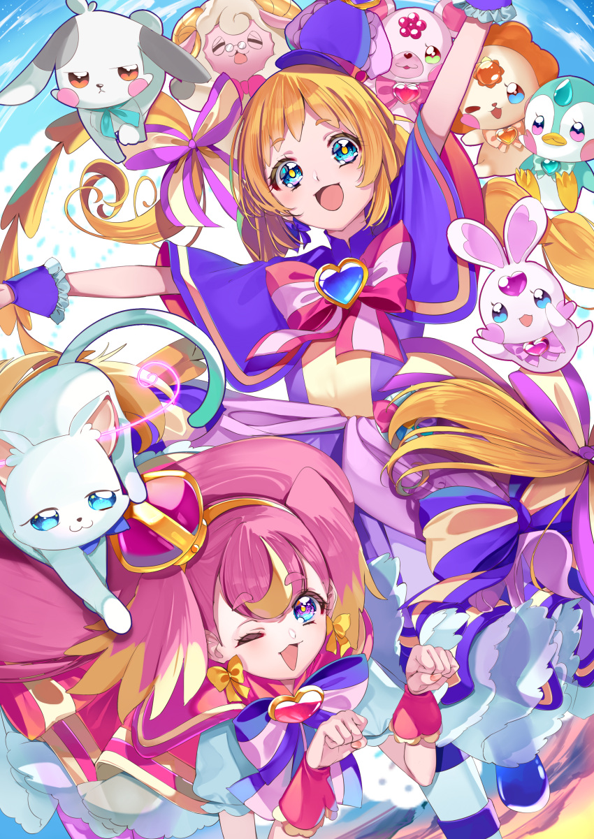 2girls :3 :d absurdres arms_up bear bird blonde_hair blue_eyes blush_stickers bow bow_earrings braid bright_pupils brooch brown_eyes capelet cat crown cure_friendy cure_wonderful daifuku_(precure) deerstalker dress earrings frilled_wrist_cuffs frills hair_bow hairband hat heart heart_brooch highres inukai_iroha inukai_komugi jewelry jitome kirakin_penguin kirarin_bear kirarin_lion kirarin_rabbit lion long_hair looking_at_viewer magical_girl mey_mey_(precure) mini_crown mini_hat multicolored_bow multicolored_eyes multicolored_hair multiple_girls nekoyashiki_yuki nekoyashiki_yuki_(cat) open_mouth paw_pose penguin pink_bow pink_dress pink_hair pink_wrist_cuffs pouch precure purple_bow purple_capelet purple_dress purple_eyes purple_hat purple_wrist_cuffs rabbit ram_(animal) short_dress smile streaked_hair striped_bow thick_eyebrows twin_braids two-tone_hair two_side_up white_cat wonderful_precure! wrist_cuffs yellow_bow yellow_hairband yuutarou_(fukiiincho)