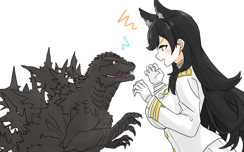 1girl animal_ears atago_(azur_lane) black_hair commentary_request dog_ears elbow_spikes extra_ears giant giant_monster godzilla godzilla_(minus_one) highres ibuki_(tulta_icon) kaijuu light_blush long_hair military_uniform monster personification roaring simple_background spines uniform white_background yellow_eyes