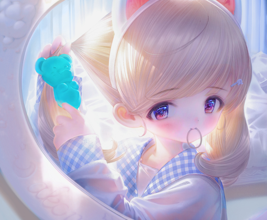 1girl absurdres animal_ears backlighting blonde_hair blush cat_ears commentary fake_animal_ears hair_ornament hair_tie_in_mouth hairclip highres indoors medium_hair mirror mouth_hold original pink_eyes reflection sailor_collar shiratsuyu_mone smile solo symbol-only_commentary twintails tying_hair