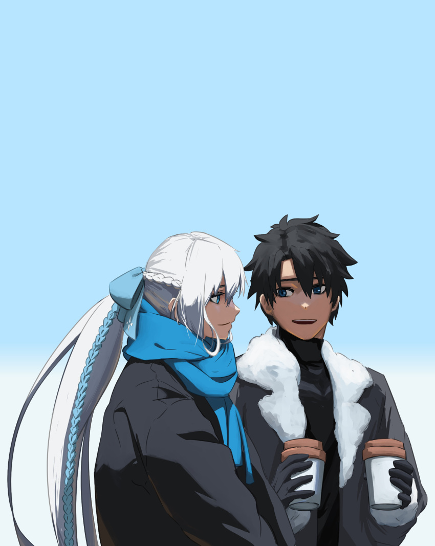 1boy 1girl black_gloves black_hair blue_bow blue_eyes blue_scarf bow braid cup disposable_cup fate/grand_order fate_(series) french_braid fujimaru_ritsuka_(male) fur_trim gloves grey_hair hair_bow highres holding jacket long_hair long_sleeves morgan_le_fay_(fate) open_mouth paperpillar ponytail scarf short_hair sidelocks smile very_long_hair winter_clothes