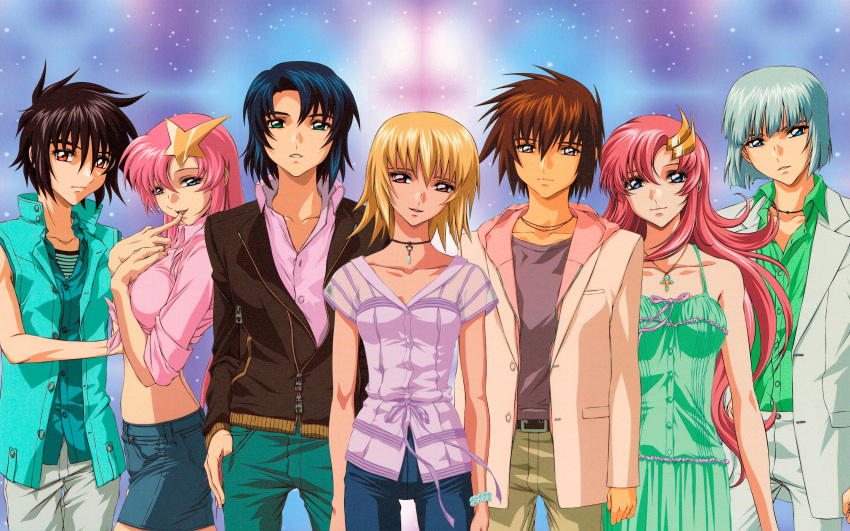 athrun_zala black_hair blonde_hair blue_eyes blue_hair brown_eyes brown_hair cagalli_yula_athha denim denim_skirt green_eyes green_pants green_shirt grey_hair gundam gundam_seed hair_ornament hairclip highres jacket jeans jewelry kira_yamato lacus_clyne long_hair looking_at_viewer meer_campbell multiple_boys multiple_girls necklace official_alternate_costume official_art open_clothes open_jacket open_vest pants pink_hair pink_shirt purple_eyes purple_shirt shinn_asuka shirt short_hair skirt smile star_(symbol) star_hair_ornament vest white_hair white_pants yzak_joule