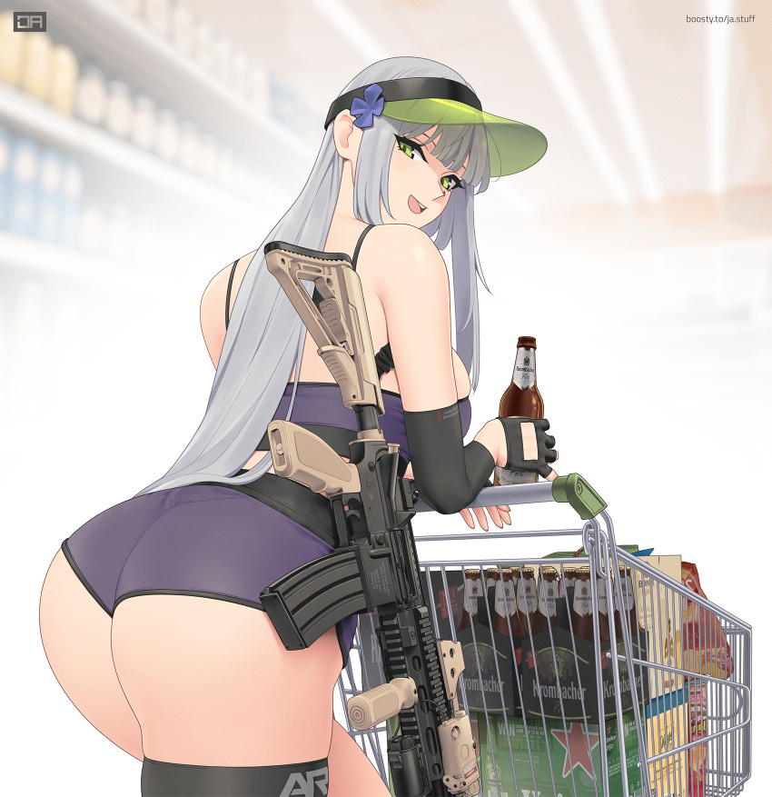 1girl alcohol alcohol_carton artist_name ass assault_rifle beer beer_bottle bottle breasts elbow_sleeve english_text fingerless_gloves fingernails foregrip from_behind girls'_frontline gloves green_eyes grey_hair gun h&amp;k_hk416 hat highres hk416_(girls'_frontline) holding holding_bottle indoors j_adsen laser_sight long_hair looking_at_viewer looking_back open_mouth optical_sight purple_shorts rifle shopping_cart short_shorts shorts sideboob visor_cap weapon