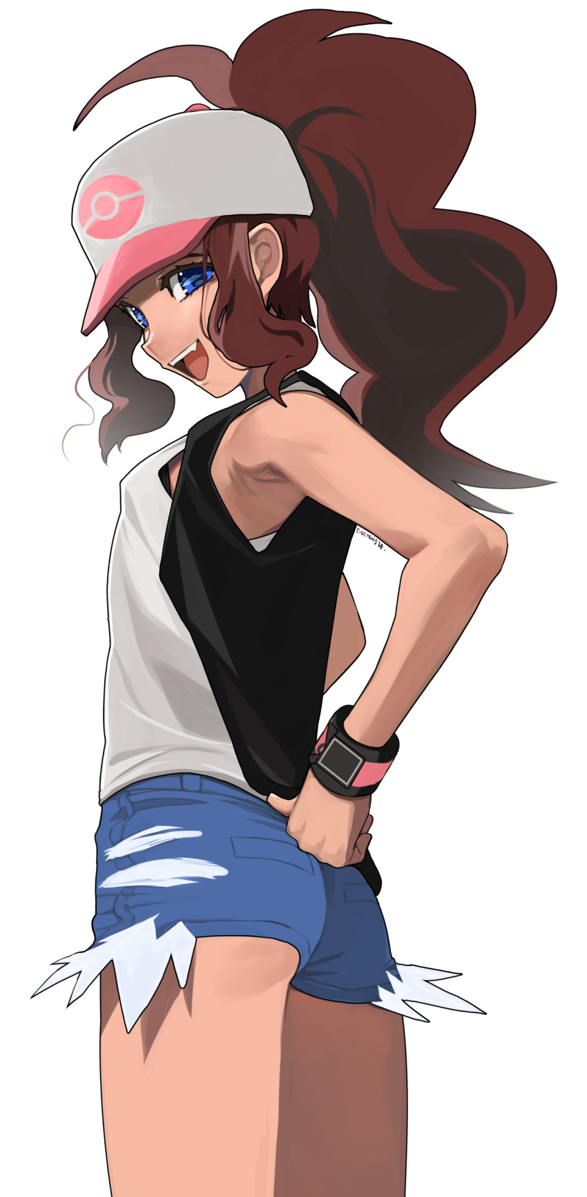 1girl :d absurdres arm_behind_back black_vest black_wristband blue_eyes blue_shorts brown_hair clip_studio_paint_(medium) commentary_request eudetenis exposed_pocket happy high_ponytail highres hilda_(pokemon) looking_down open_clothes open_mouth open_vest poke_ball_print pokemon pokemon_bw shirt short_shorts shorts sidelocks simple_background sleeveless sleeveless_shirt smile solo teeth thighs upper_teeth_only vest white_background white_shirt