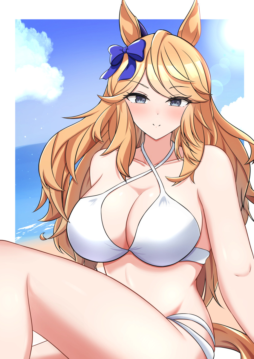 1girl alternate_costume arn7 bare_shoulders bikini blonde_hair blue_bow blue_eyes blue_sky blush bow breasts cleavage closed_mouth cloud cloudy_sky commentary_request criss-cross_halter ear_bow feet_out_of_frame gold_city_(umamusume) halterneck highres horse_girl large_breasts long_hair looking_at_viewer outdoors sky smile solo swimsuit umamusume white_bikini