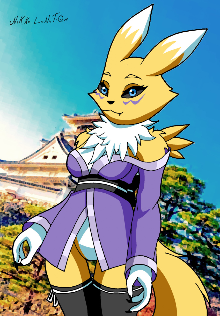 anthro asian_clothing bandai_namco big_breasts black_claws blue_eyes breasts building canid canine canis chest_tuft claws clothing digimon digimon_(species) east_asian_clothing fangs featureless_crotch female fur hi_res japanese_clothing kimono legwear looking_at_viewer mammal nikku_lunatique plant purple_clothing renamon sky smile solo teeth thigh_highs tree tuft white_body white_fur yellow_body yellow_fur