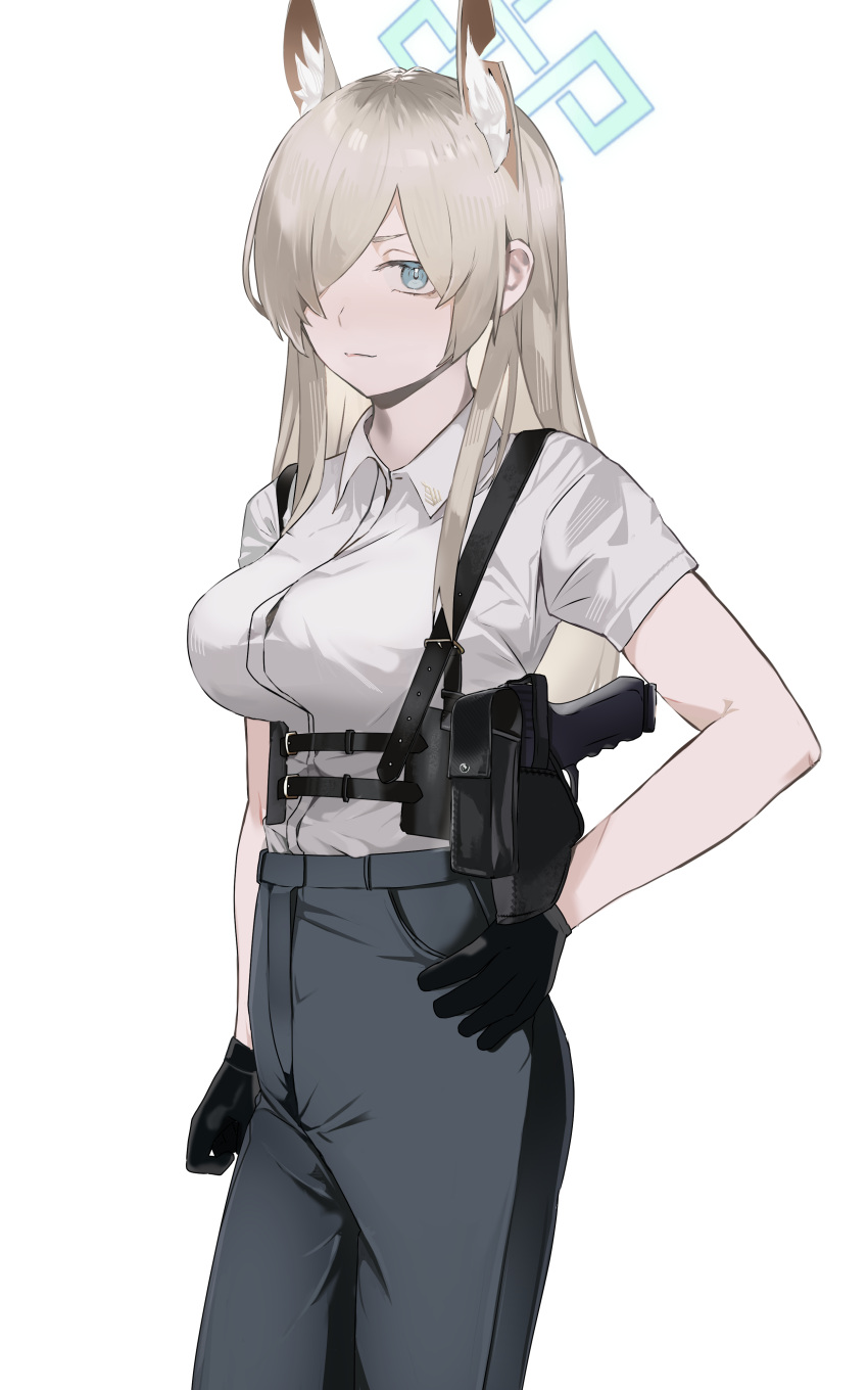 1girl absurdres animal_ear_fluff animal_ears black_gloves black_pants blue_archive blue_eyes blue_halo breasts chest_harness closed_mouth collared_shirt cowboy_shot dog_ears extra_ears glock gloves gun hair_over_one_eye halo handgun harness high-waist_pants highres holster kanna_(blue_archive) long_bangs long_hair looking_at_viewer loserdude notched_ear pants shirt short_sleeves shoulder_holster simple_background skirt solo underbust weapon white_background white_skirt