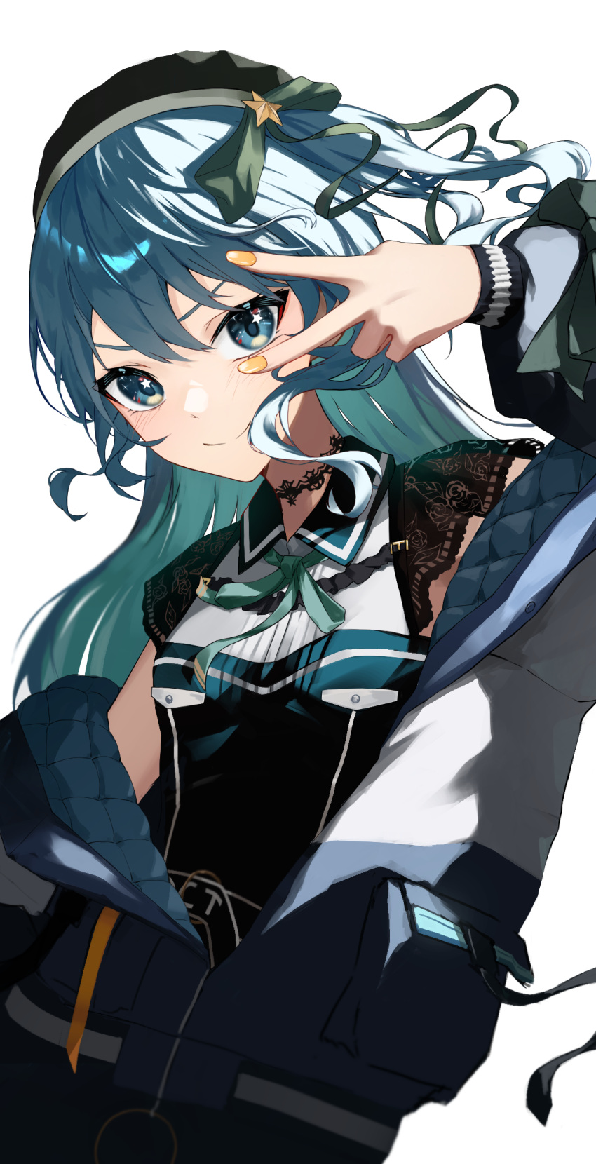 1girl blue_eyes choker closed_mouth eyelashes hair_between_eyes hat highres hololive hoshimachi_suisei jacket jewelry light_blush long_hair looking_at_viewer nail_polish open_clothes open_jacket smile solo standing star_(symbol) star_in_eye symbol_in_eye upper_body v_over_eye virtual_youtuber white_background yedeul yellow_nails