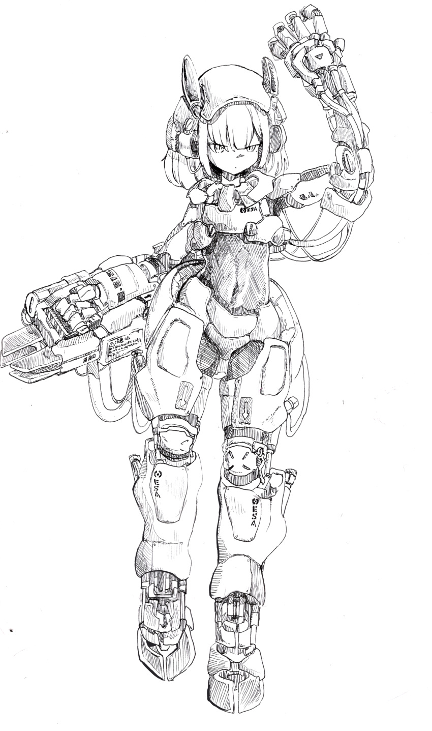 1girl absurdres android arm_up arrow_(symbol) cable dot_mouth full_body greyscale highres holding holding_weapon joints medium_hair monochrome navel original robot_girl robot_joints simple_background sketch solo traditional_media umiwashi weapon