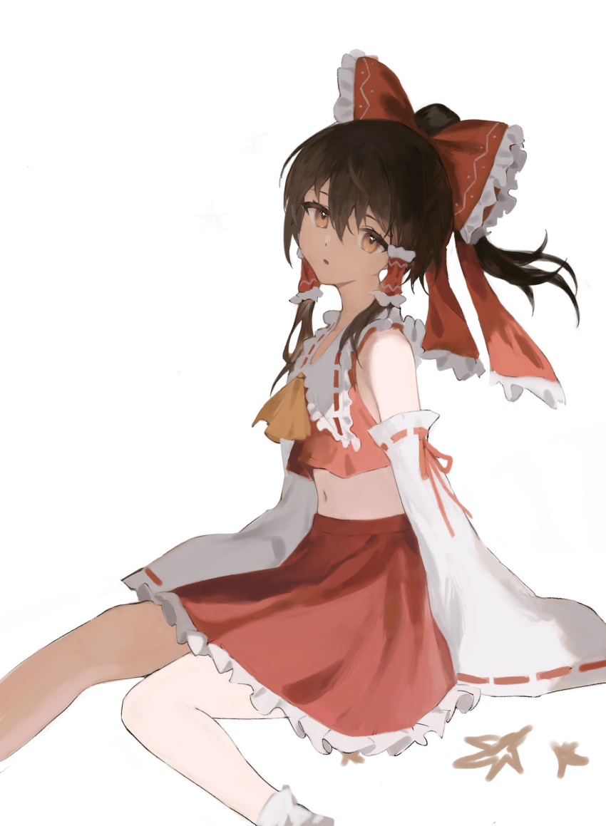 1girl ascot bare_shoulders bow brown_hair crop_top cropped_shirt detached_sleeves feet_out_of_frame frilled_bow frilled_hair_tubes frilled_shirt_collar frilled_skirt frills hair_between_eyes hair_bow hair_tubes hakurei_reimu highres invisible_chair long_hair looking_at_viewer midriff navel orange_ascot orange_eyes parted_lips ponytail red_bow red_shirt red_skirt ribbon-trimmed_sleeves ribbon_trim shirt sidelocks simple_background sitting skirt sleeves_past_fingers sleeves_past_wrists solo touhou white_background white_sleeves yamiiv