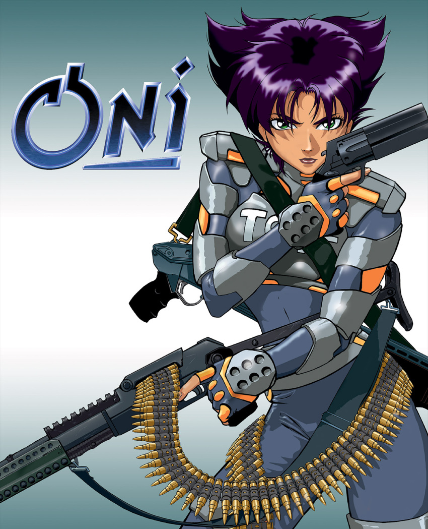 1girl 2000s_(style) ammunition_belt aqua_background armor bullet bungie cartridge clothes_writing copyright_name cover determined dual_wielding false_smile fighting_stance fingerless_gloves fingernails glaring gloves gradient_background green_eyes gun hair_in_eyes hasegawa_mai highres holding konoko light_machine_gun light_smile lipstick looking_at_viewer lorraine_reyes_mclees makeup official_art oni_(game) orange_trim police police_uniform policewoman pump_action purple_eyes purple_hair retro_artstyle revolver science_fiction shadow shiny_skin shotgun smile solo spas-12 swat tactical_clothes tan third-party_edit third-party_source title toned trigger_discipline uniform video_game_cover weapon weapon_request white_background