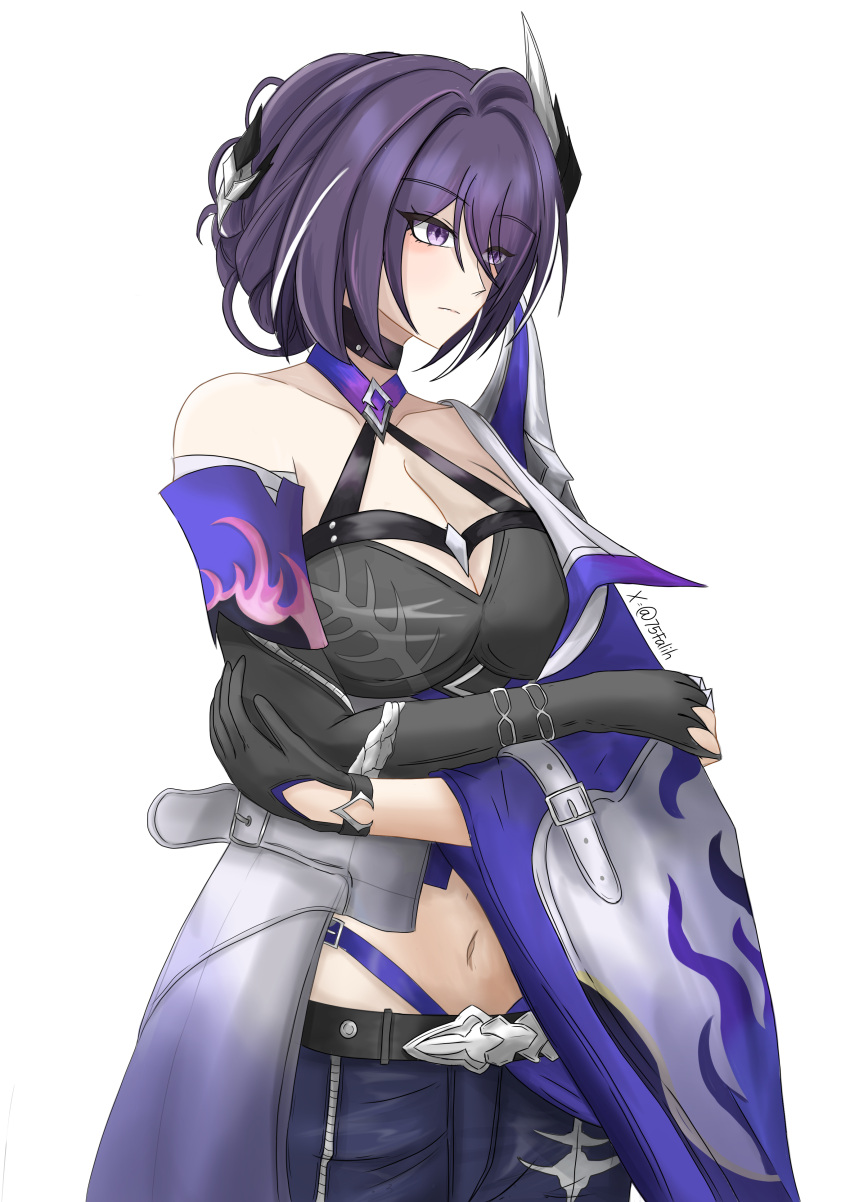 1girl absurdres acheron_(honkai:_star_rail) armor bandaged_arm bandages belt black_belt black_choker black_gloves black_shorts breasts choker cleavage coat cowboy_shot crossed_arms detached_sleeves elbow_gloves eyes_visible_through_hair falihfadh75 gloves hair_ornament hair_over_one_eye highres honkai:_star_rail honkai_(series) large_breasts looking_to_the_side midriff multicolored_hair navel purple_hair short_hair shorts shoulder_armor simple_background single_bare_shoulder single_elbow_glove solo streaked_hair twitter_username white_background white_coat