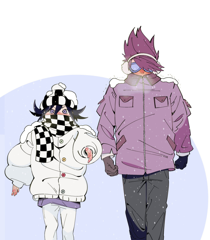 2boys absurdres beanie blush breath checkered_clothes checkered_headwear checkered_scarf coat cold danganronpa_(series) danganronpa_v3:_killing_harmony earmuffs flipped_hair gloves goggles hat height_difference highres long_sleeves looking_at_viewer lovepoints male_focus momota_kaito multiple_boys nose_blush oma_kokichi purple_coat purple_eyes purple_hair scarf scarf_over_mouth short_hair simple_background snowing spiked_hair upper_body walking white_background white_coat winter winter_clothes