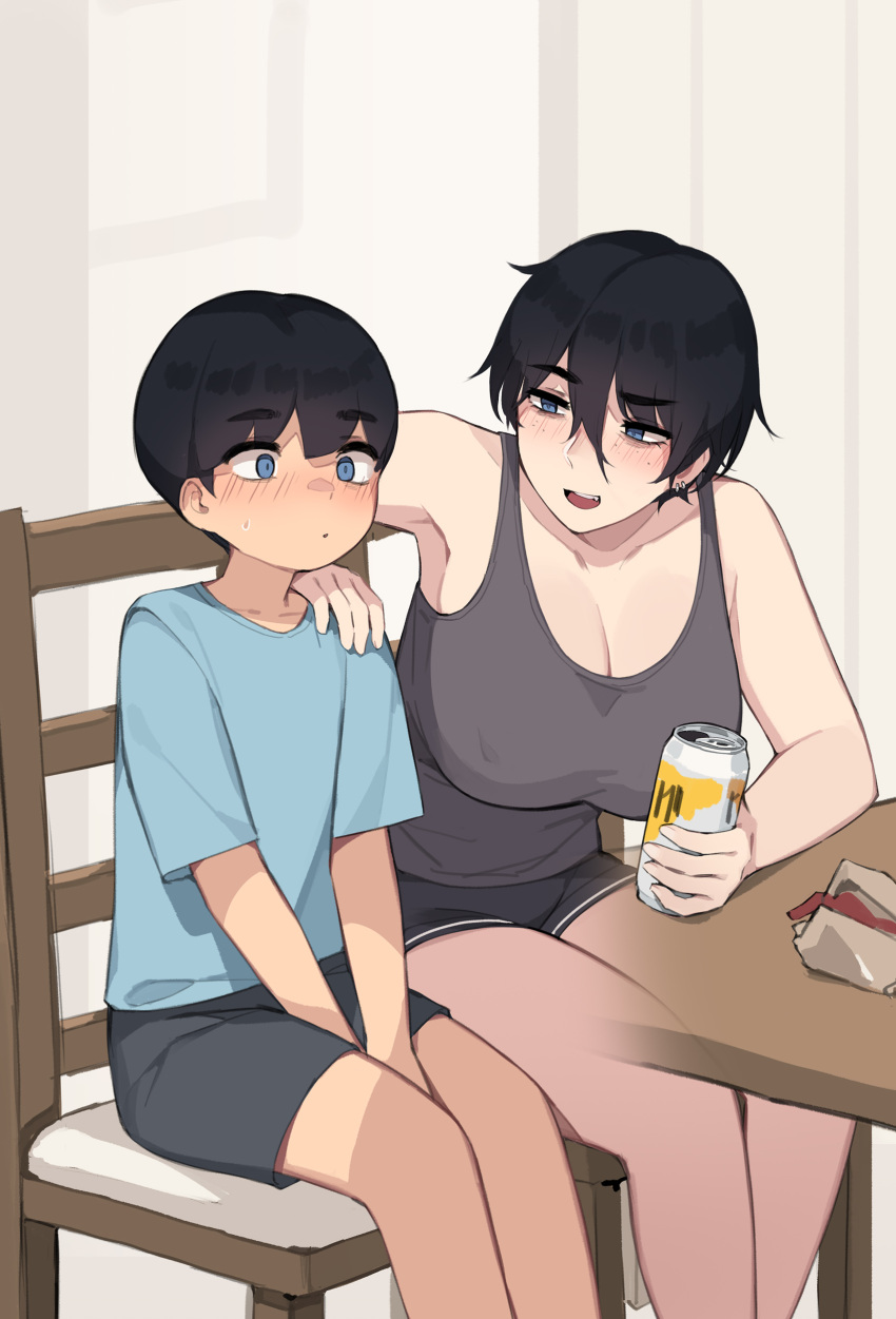 1boy 1girl absurdres age_difference aunt_and_nephew black_hair black_shirt blue_eyes blue_shirt blue_shirt_brother_(pepper0) blush breasts can cleavage hair_between_eyes highres holding holding_can large_breasts looking_at_another original pepper0 shirt short_hair sitting