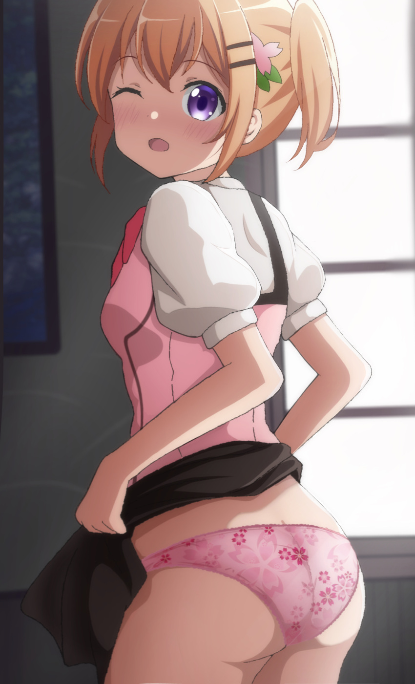 1girl absurdres ass backlighting blush clothes_lift cowboy_shot floral_print from_side gochuumon_wa_usagi_desu_ka? hair_ornament highres hoto_cocoa indoors lifted_by_self one_eye_closed open_mouth panties pink_panties pink_vest poa_mellhen puffy_short_sleeves puffy_sleeves purple_eyes rabbit_house_uniform short_sleeves skirt skirt_lift solo underwear vest window