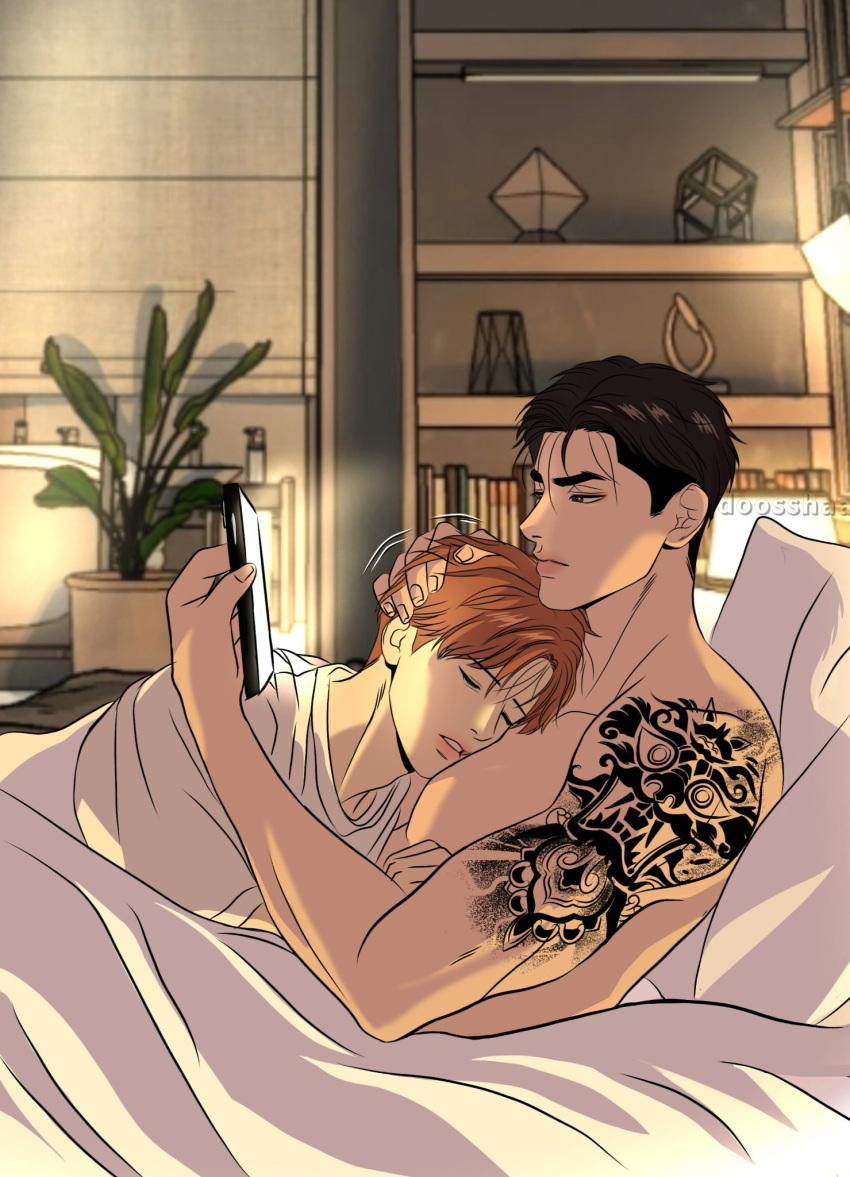 2boys arm_tattoo artist_name bed_sheet black_eyes black_hair brown_hair cellphone closed_eyes closed_mouth collarbone doosshaa hand_on_another's_head highres indoors jinx_(manhwa) joo_jaekyung kim_dan male_focus motion_lines multiple_boys nude official_style on_bed parted_lips phone shirt short_hair sleeping smartphone tattoo teeth upper_body white_shirt yaoi