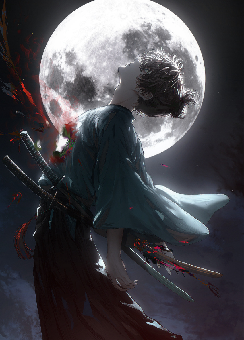 1boy absurdres adam's_apple asano_(kazusasn) black_hair blue_eyes blue_kimono facing_up fate/samurai_remnant fate_(series) full_moon hakama highres japanese_clothes katana kimono long_sleeves looking_up male_focus miyamoto_iori_(fate) moon solo sword topknot weapon