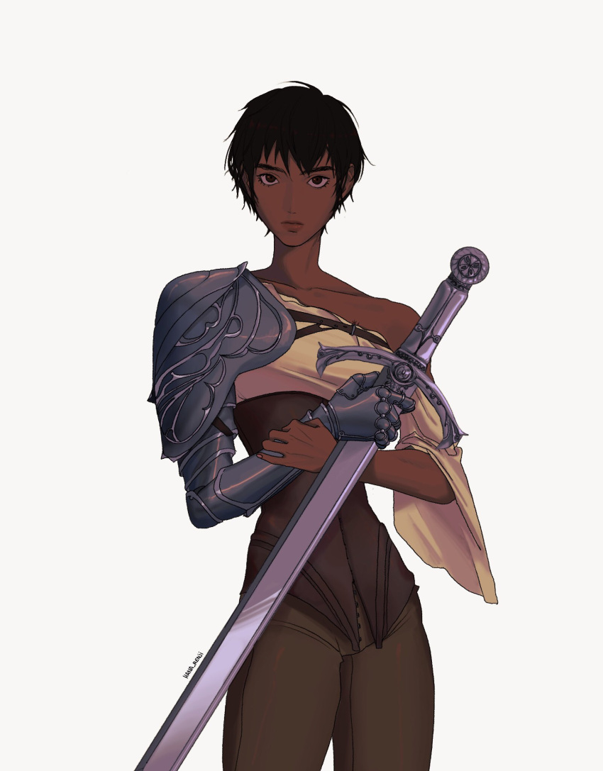 1girl armor artist_name berserk black_hair brown_pants casca_(berserk) collarbone commentary dark-skinned_female dark_skin english_commentary gauntlets highres holding holding_sword holding_weapon looking_at_viewer pants renjihana short_hair shoulder_armor simple_background single_bare_shoulder single_gauntlet solo standing sword weapon white_background