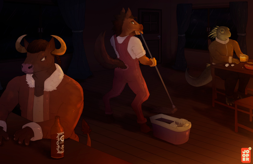 alcohol anthro being_watched beverage bovid bovine cattle cleaning cleaning_tool clothed clothing equid equine eye_contact fully_clothed gloves group handwear hi_res hooves horn horse iguana iguanid inside jacket janitor jooper light lighting lizard looking_at_another looking_back male male/male mammal mop mopping overalls raised_tail reptile scalie sitting standing stare tail topwear