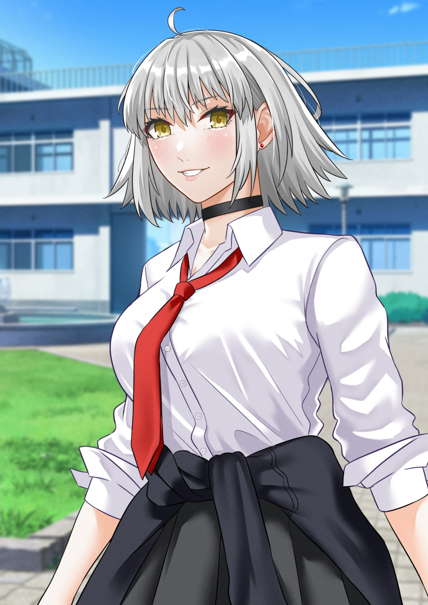 1girl absurdres ahoge black_skirt breasts choker collared_shirt fate/grand_order fate_(series) grey_hair grin highres jeanne_d'arc_alter_(avenger)_(fate) jeanne_d'arc_alter_(fate) large_breasts looking_at_viewer necktie shirt short_hair skirt sleeves_rolled_up smile solo tomotomow00w white_shirt yellow_eyes
