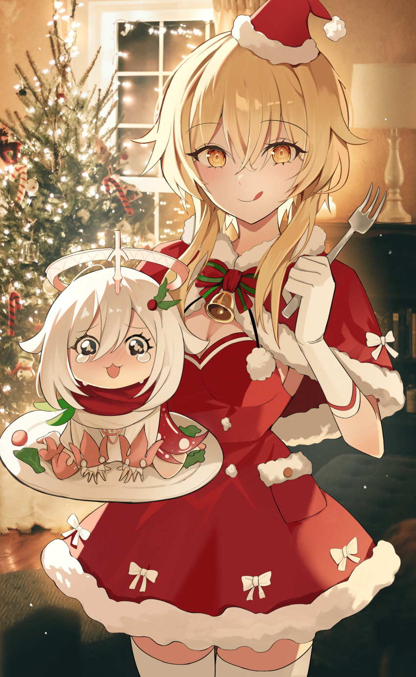 2girls :q absurdres alternate_costume blonde_hair capelet christmas christmas_tree closed_mouth commentary cowboy_shot dress fork genshin_impact gloves hair_between_eyes hand_up hat highres holding holding_fork indoors kkubuk92 long_hair looking_at_viewer lumine_(genshin_impact) multiple_girls open_mouth paimon_(genshin_impact) photo_background red_capelet red_dress santa_hat smile tearing_up tiger tongue tongue_out white_gloves white_hair white_tiger yellow_eyes