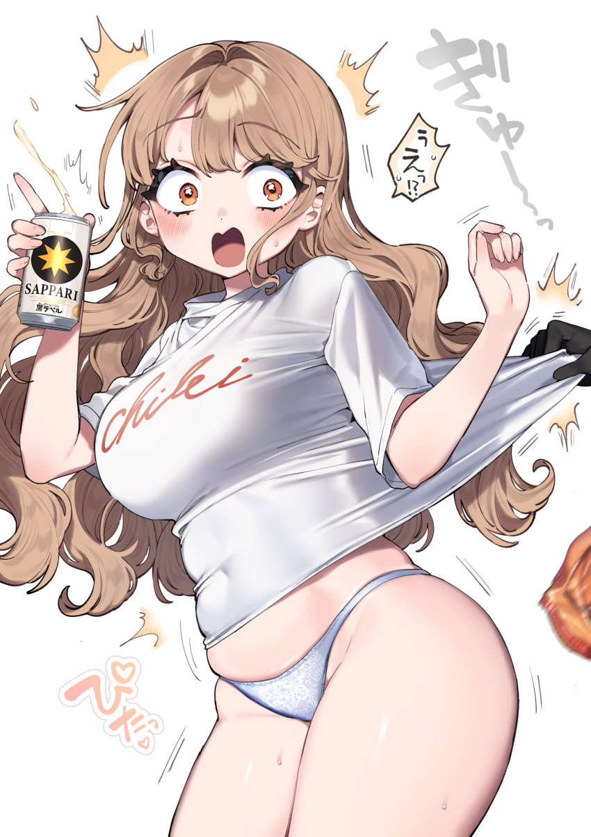 1girl 1other ^^^ absurdres black_gloves blue_panties blush breasts brown_hair can clothes_writing commentary_request gloves highres holding holding_can kodama's_elder_sister_(sakura_yuki) large_breasts long_hair open_mouth orange_hair original panties sakura_yuki_(clochette) shirt short_sleeves simple_background solo_focus standing t-shirt thighs translation_request underwear white_background white_shirt