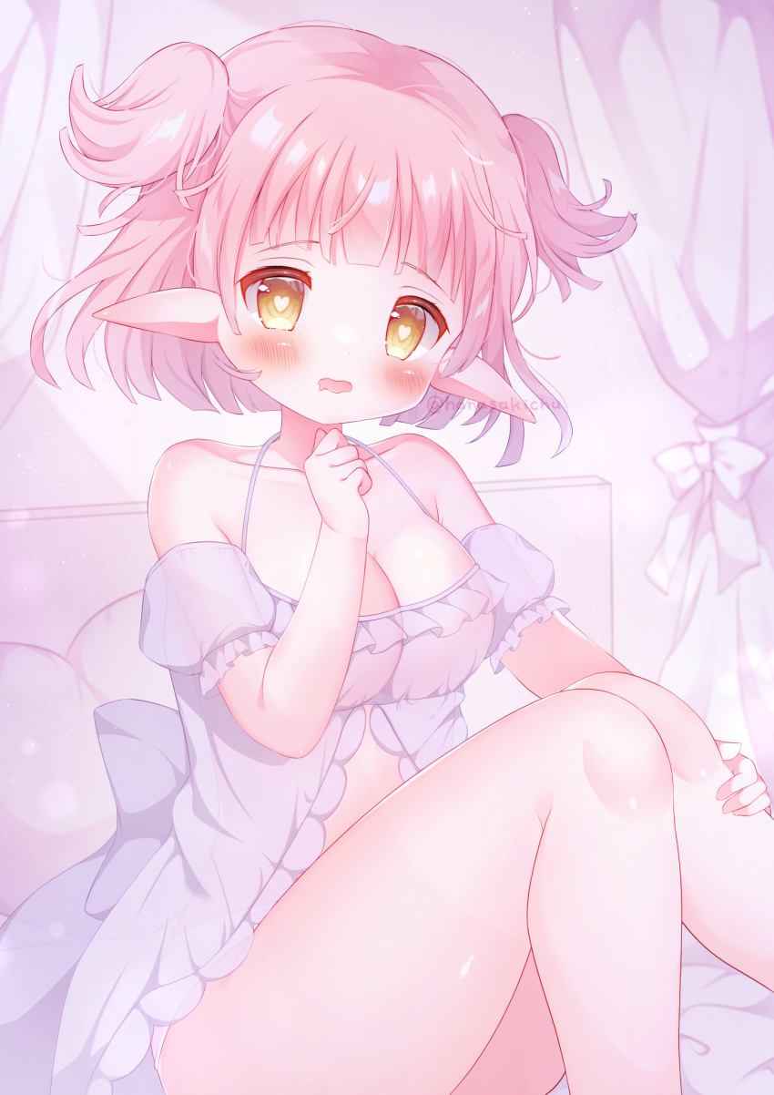 1girl hanasakichu heart heart-shaped_pupils highres open_mouth original pink_hair pointy_ears see-through short_hair symbol-shaped_pupils thighs two_side_up yellow_eyes