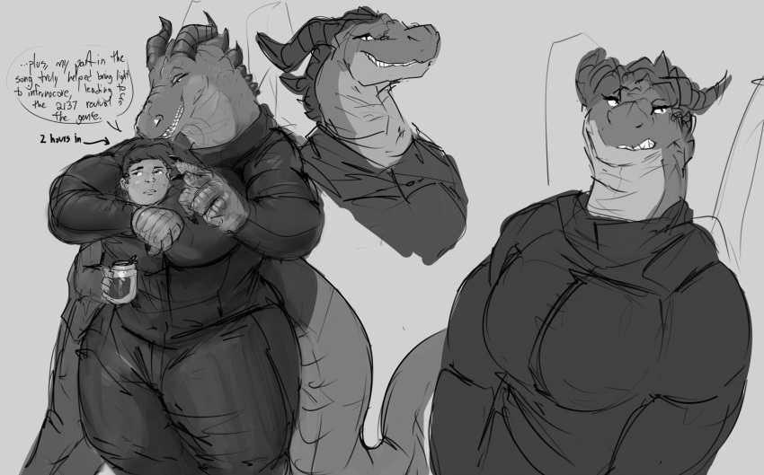 anthro big_breasts bodysuit breasts clothed clothing dialogue doctordj dragon duo female fully_clothed grin headlock hi_res horn human human_on_anthro interspecies larger_anthro larger_female male mammal mythological_creature mythological_scalie mythology scalie sharp_teeth size_difference sketch skinsuit smaller_human smaller_male smile teeth thick_thighs tight_clothing voluptuous_female