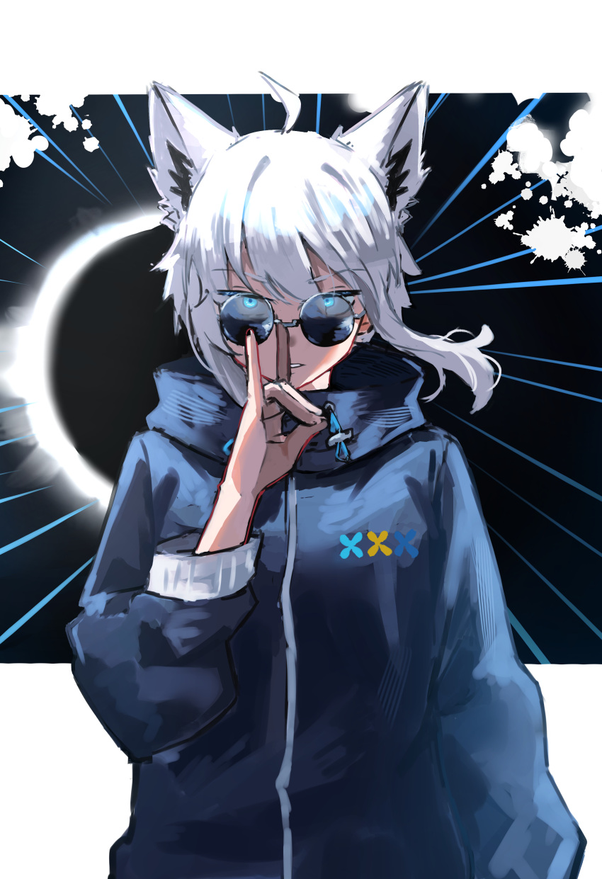 1girl absurdres ahoge animal_ears aqua_eyes black_jacket channyy19 cosplay drawstring fox_ears fox_girl fox_shadow_puppet glowing glowing_eyes gojou_satoru gojou_satoru_(cosplay) hand_up highres hololive hood hooded_jacket jacket jujutsu_kaisen looking_at_viewer official_alternate_costume round_eyewear shirakami_fubuki shirakami_fubuki_(loungewear) short_hair short_hair_with_long_locks solo sunglasses tinted_eyewear virtual_youtuber white_hair