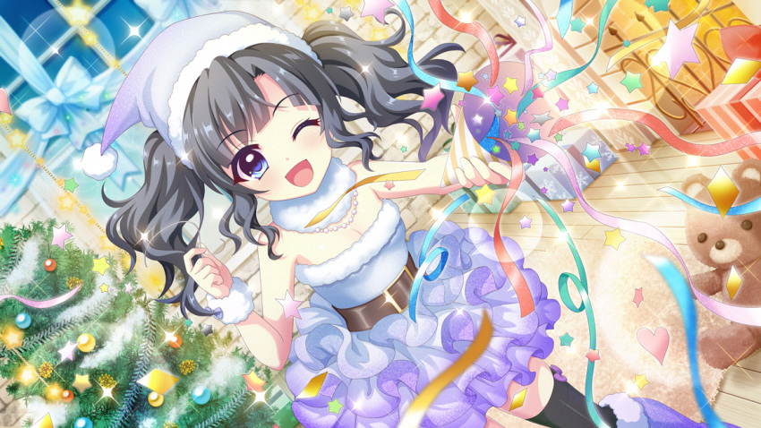 1girl ;d bare_shoulders belt black_hair black_thighhighs blue_eyes blue_hat blurry blurry_background boots box breasts brick_wall brown_belt christmas christmas_ornaments christmas_tree cleavage confetti detached_collar dot_nose dress dutch_angle film_grain fireplace fluffy_collar game_cg gift gift_box hand_up hat heart holding holding_string indoors itsumura_yukari izumi_tsubasu jewelry knee_boots layered_skirt lens_flare looking_at_viewer medium_hair necklace non-web_source official_art one_eye_closed open_mouth outstretched_arm party_popper pearl_necklace purple_footwear re:stage! rug santa_hat short_dress sidelocks skirt small_breasts smile solo sparkle star_(symbol) strapless strapless_dress string stuffed_animal stuffed_toy teddy_bear thighhighs tinsel twintails white_dress white_wristband window wooden_floor zettai_ryouiki
