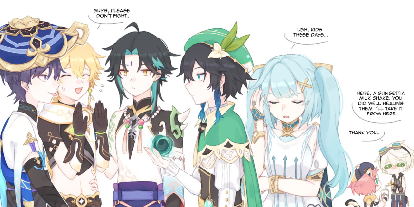 2girls 5boys aether_(genshin_impact) ahoge animal_ears aqua_eyes aqua_hair arm_armor arm_support arm_tattoo armor arrow_print belt bennett_(genshin_impact) black_belt black_bow black_bowtie black_gloves black_hair black_shirt black_shorts blonde_hair blue_belt blue_cape blue_gemstone blue_hair blue_hat blue_pants blunt_ends bow bowtie bracelet braid brown_corset brown_gloves brown_shirt buttons cape cat_ears cat_girl cat_tail closed_eyes closed_mouth collarbone collared_cape collared_shirt corset crying crying_with_eyes_open cup detached_sleeves diona_(genshin_impact) disposable_cup dress drinking_straw earrings elbow_gloves english_commentary english_text eyeshadow facial_mark faruzan_(genshin_impact) fingernails flying_sweatdrops forehead_mark gem genshin_impact gloves goggles goggles_on_head gold_bracelet gold_trim gradient_hair green_cape green_eyes grey_gloves hair_between_eyes hair_ornament half-closed_eyes hand_around_waist hand_up hands_up hat highres holding holding_cup jealous jewelry jingasa kyou_0120 leaf long_hair long_sleeves looking_at_another magic makeup mandarin_collar multicolored_hair multiple_boys multiple_girls navel necklace no_mouth open_clothes open_mouth open_vest pants pearl_necklace pink_hair puffy_long_sleeves puffy_sleeves purple_belt purple_eyes purple_hair purple_hat purple_pants red_eyeshadow ring scaramouche_(genshin_impact) scarf shirt short_sleeves shorts shoulder_armor sidelocks simple_background single_bare_shoulder single_detached_sleeve single_earring sleeveless sleeveless_shirt smile speech_bubble standing star_(symbol) streaming_tears striped_bow striped_bowtie striped_clothes sweatdrop tail tassel tattoo tears tongue tongue_out twin_braids twintails v-shaped_eyebrows venti_(genshin_impact) vest vision_(genshin_impact) wanderer_(genshin_impact) white_background white_dress white_hair white_scarf white_shirt white_vest wide_sleeves wing_collar x_hair_ornament xiao_(genshin_impact)